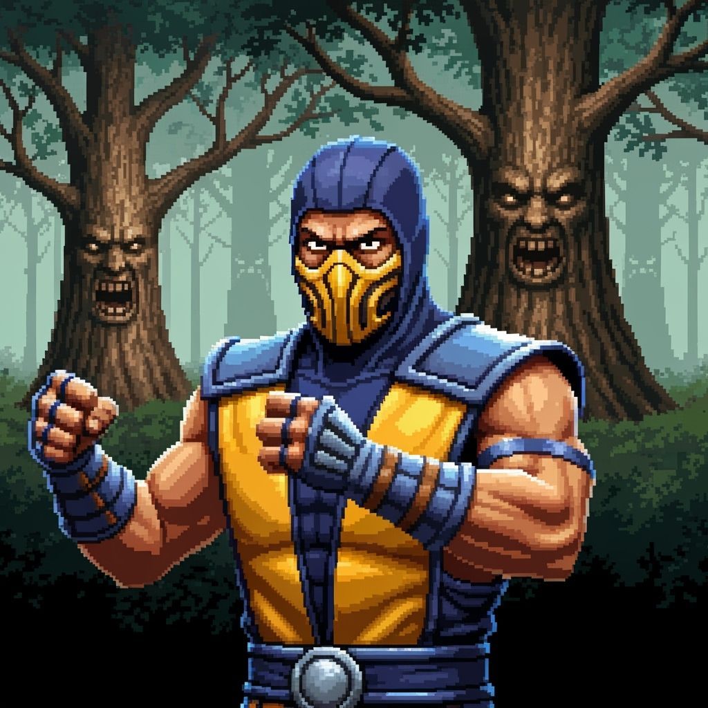 Pixelated Scorpion in Mortal Kombat Style