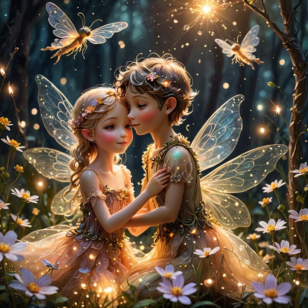 Enchanted Whimsical Fairy Couple in Vibrant, Glowing Floral...