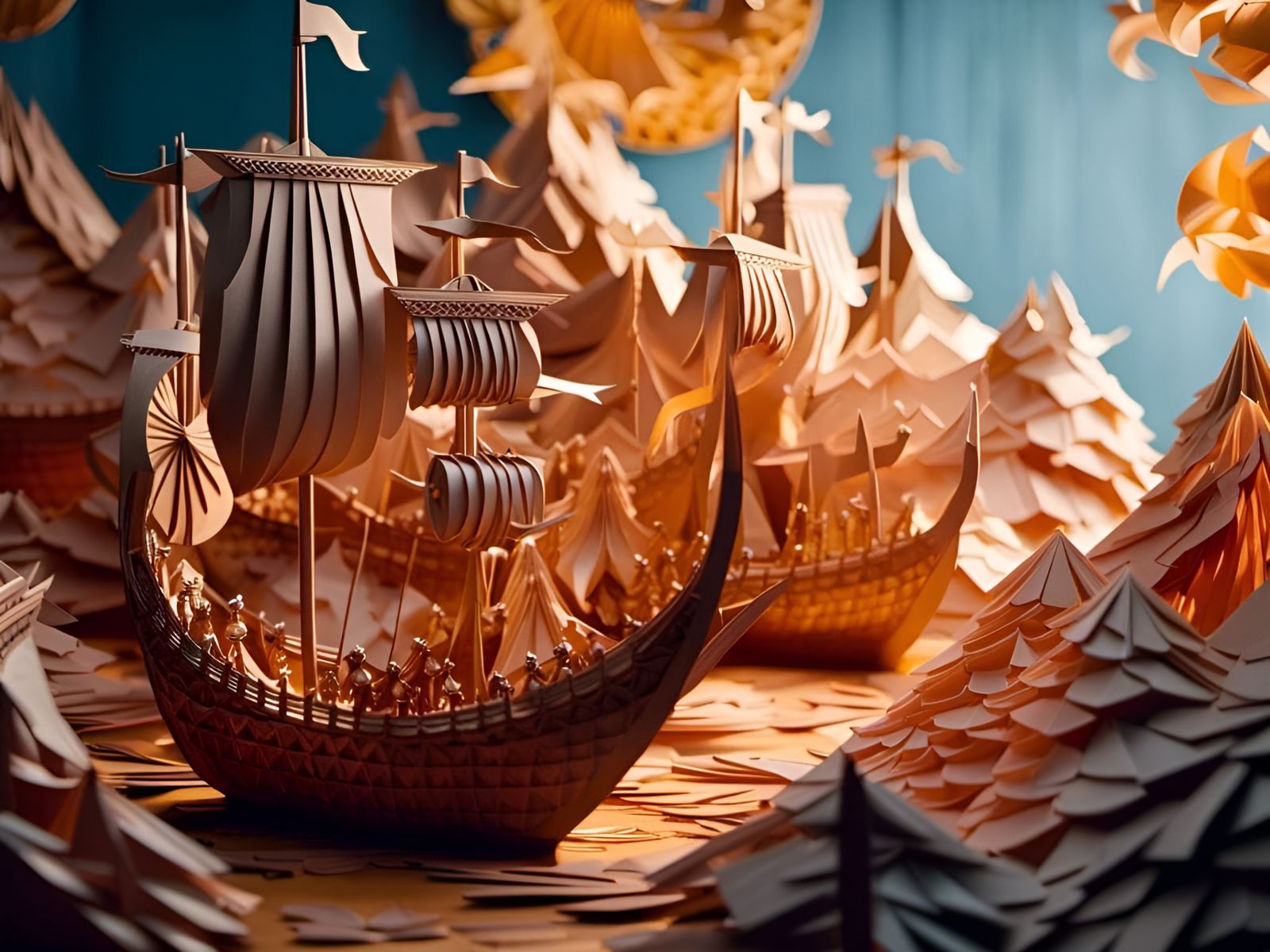 Origami Viking Battle Scene in Art Nouveau Papercraft Style