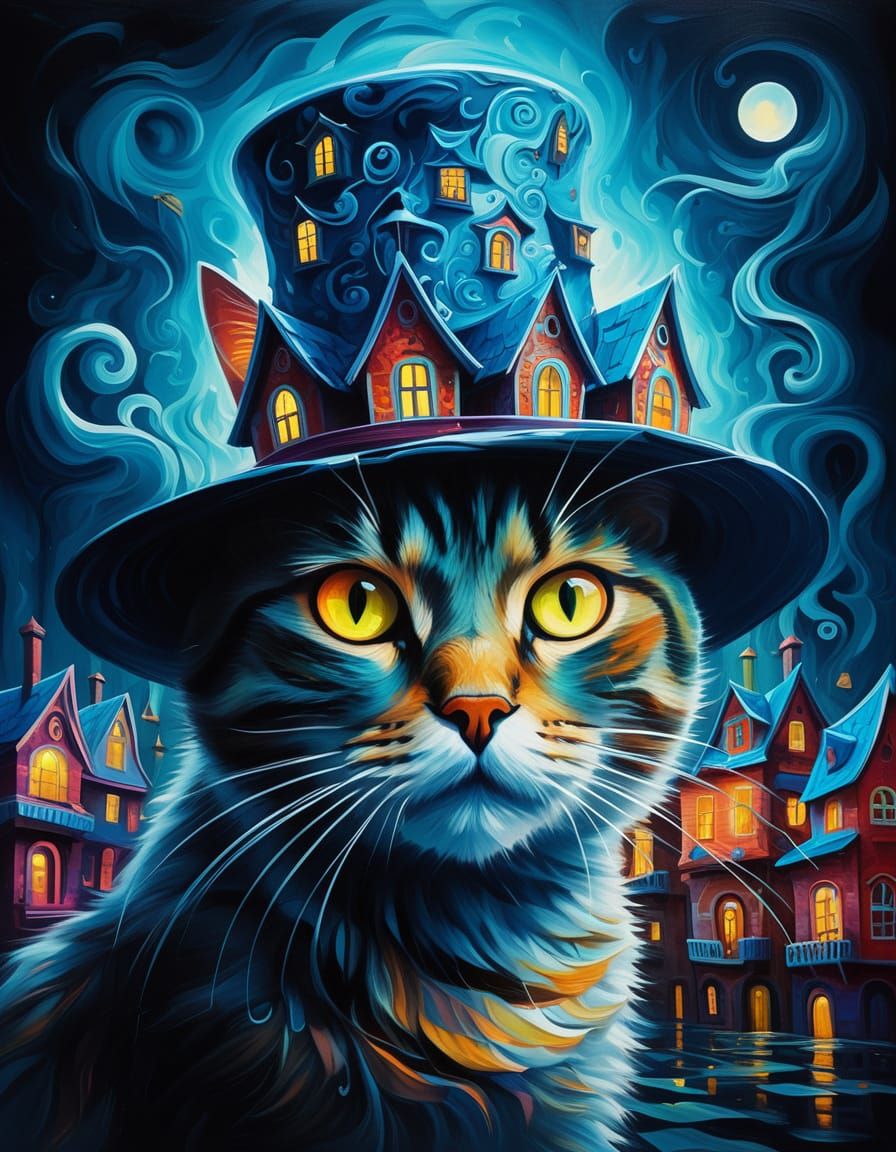 Surreal Cat Portrait with Whimsical House Hat