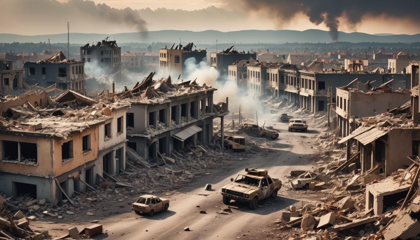 War-Torn Town in Ruin, F16 Devastation Unfolds