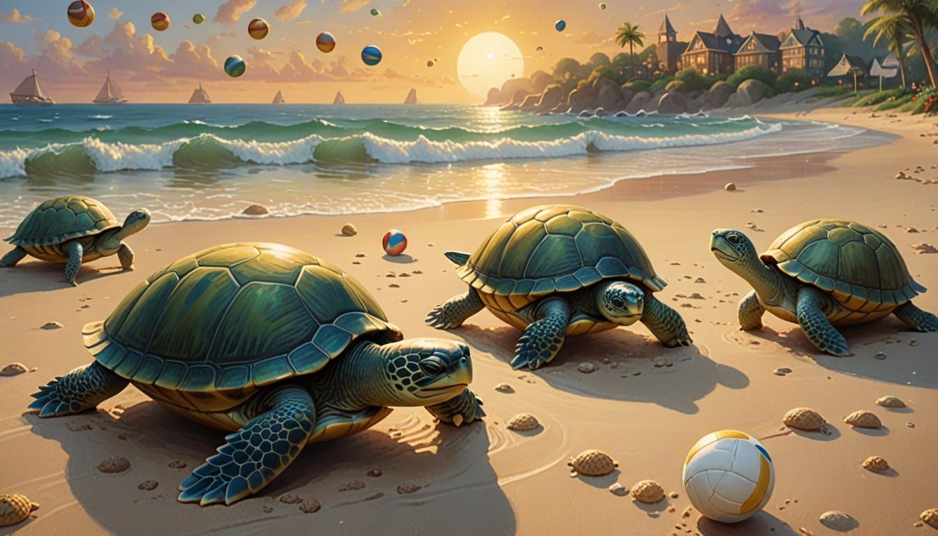 Turtles Play Volleyball on Beach in Fairycore Style