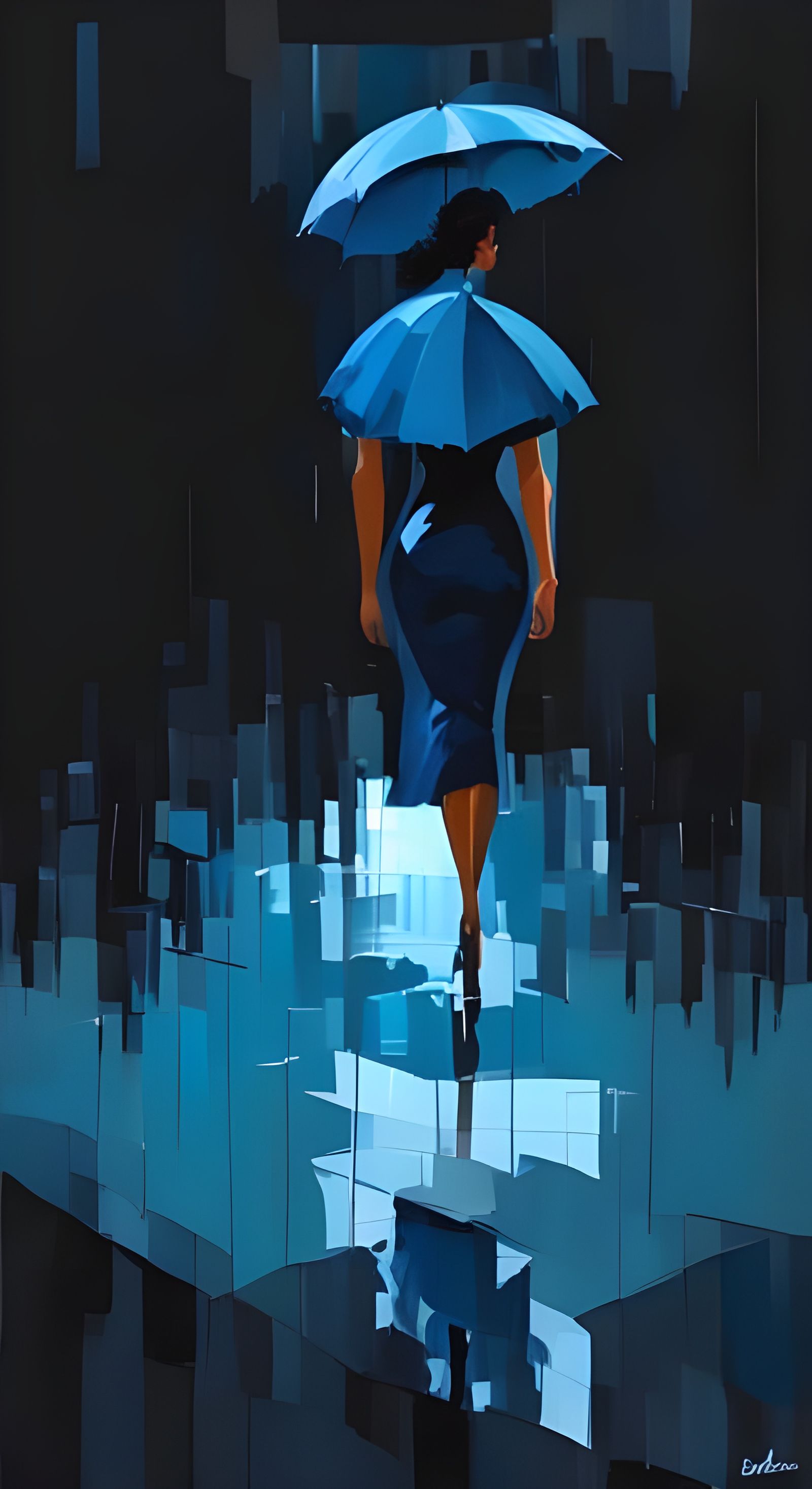 Expressionist Cubist Figure in Rainy Palm Springs