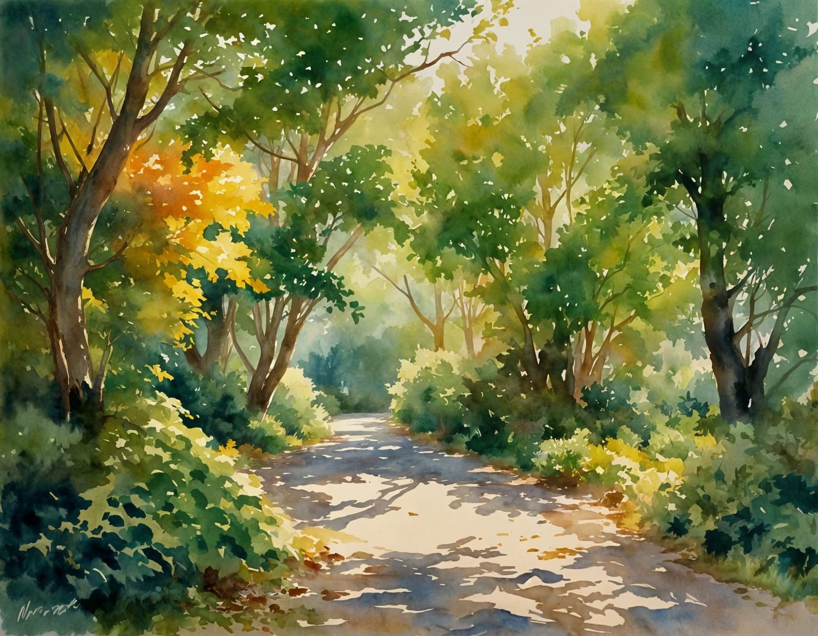 Vibrant Forest Sunlight in Loose Watercolour Style