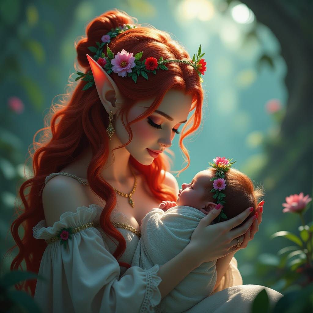 Flower Elf Nurtures Newborn in Dreamlike Fantasy Scene