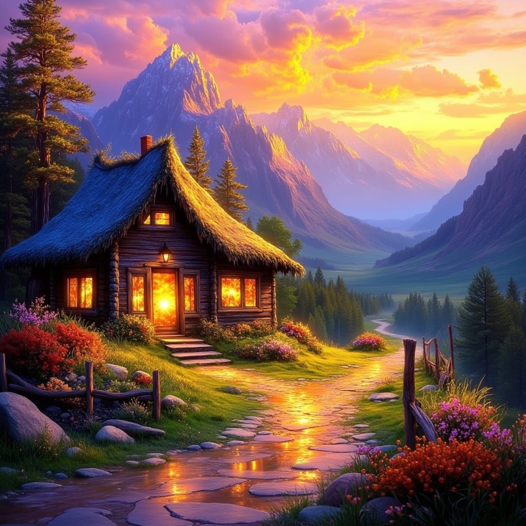 Cozy Cottage Sunset Landscape in Impressionist Style