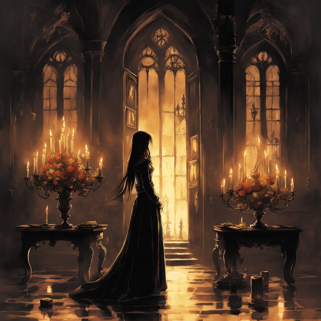 Elegant Morticia Addams in Whimsical Candlelit Chamber