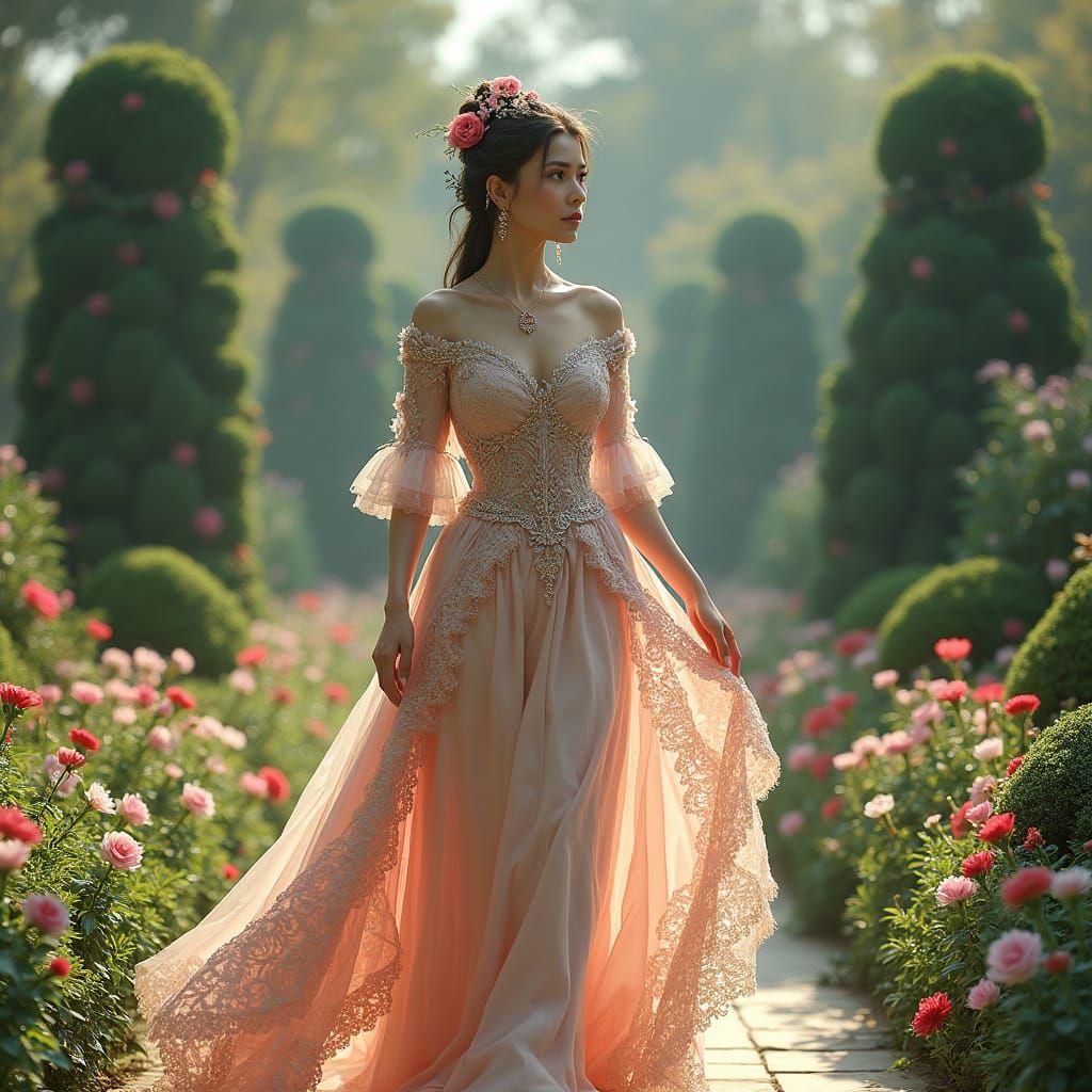 Elegant Lady Strolls Through Vibrant Garden Oasis