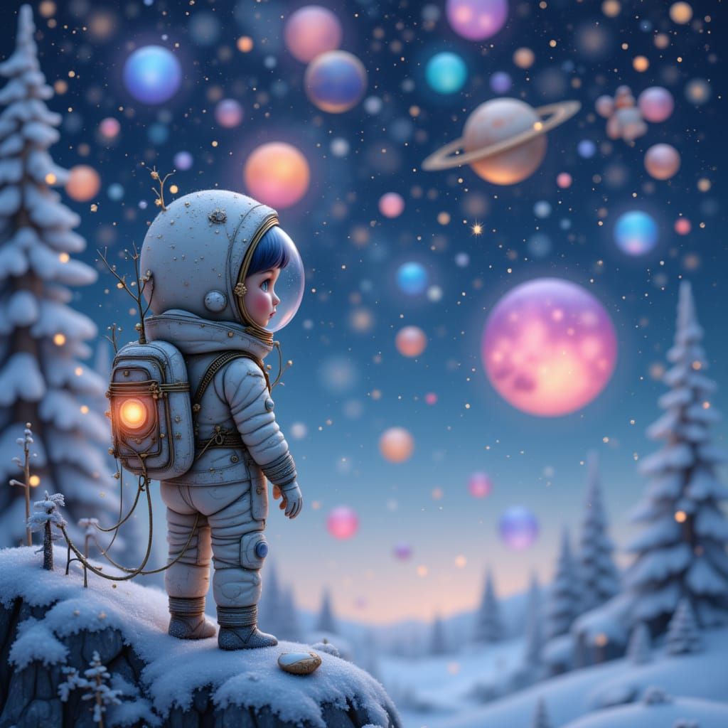 Space Nursery Poster: Explorer Gazes at Shimmering Planets