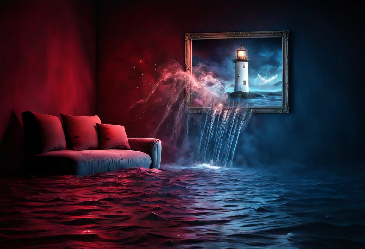 Flooded Room with Lighthouse Painting in Photorealistic Styl...