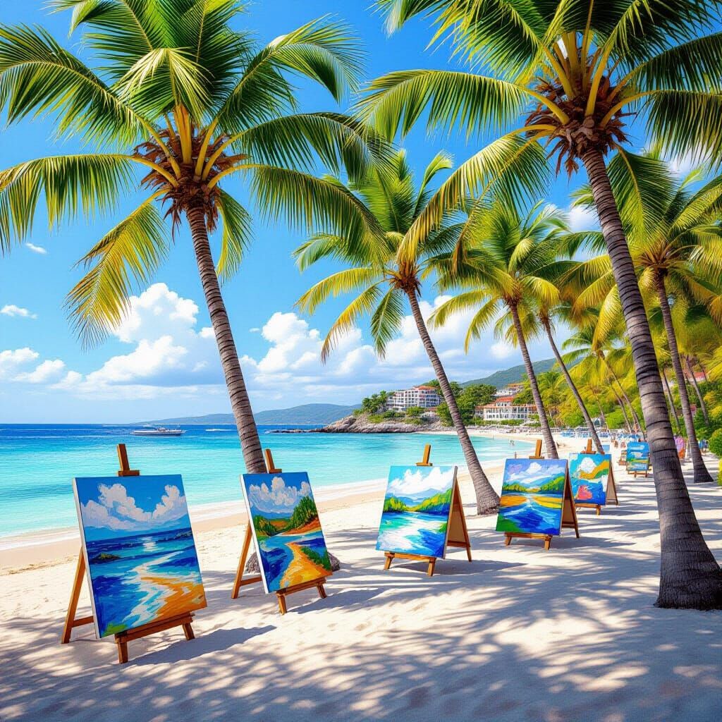 Art Exhibition on a Tropical Beach with Palm Trees