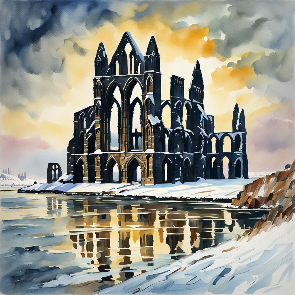 Whitby Abbey in a Gouache Masterpiece of Snowy Grandeur