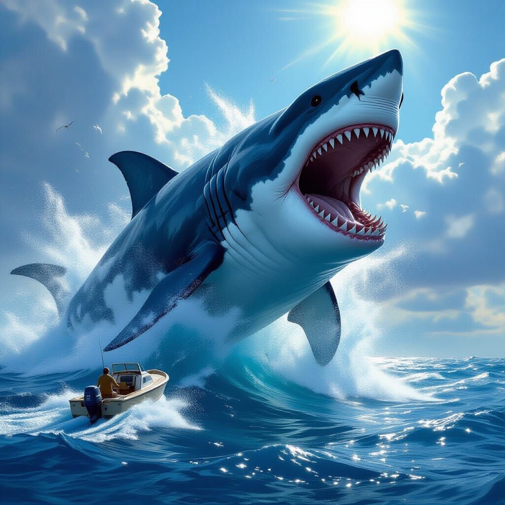 Megalodon Attack: Boat Flees Giant Predator in Digital Paint...