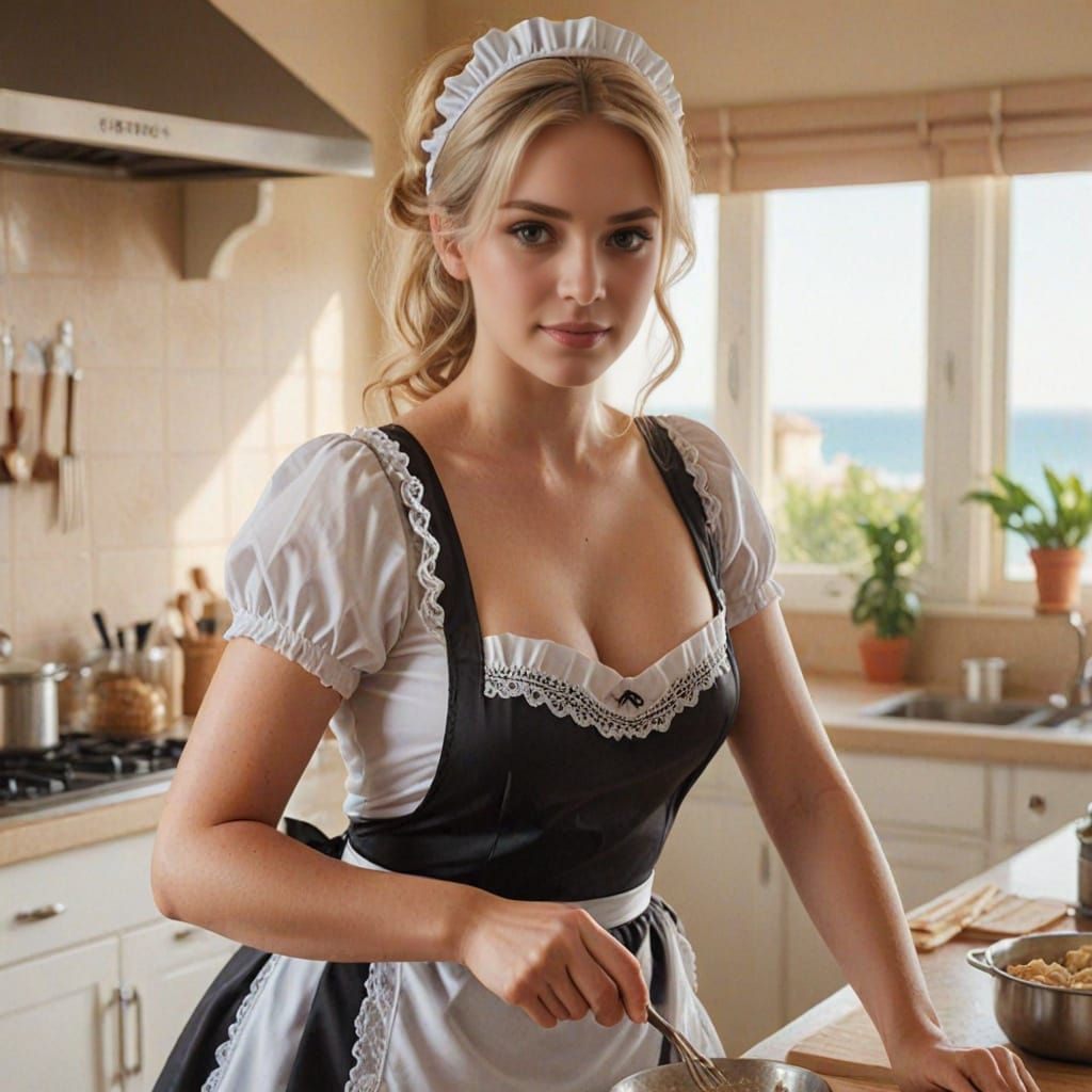 French Maid Cooking in Beach House Kitchen
