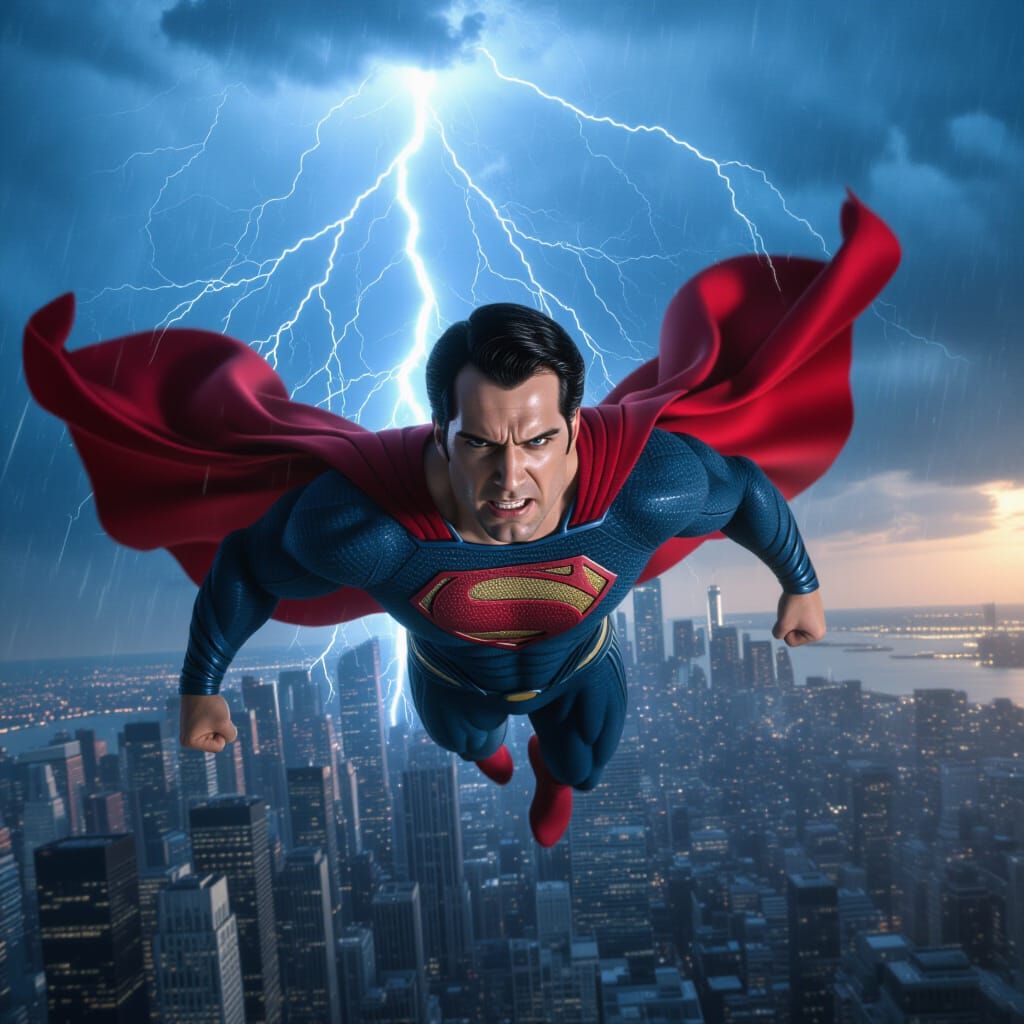 Superman Descends Through Lightning Storm Over Metropolis