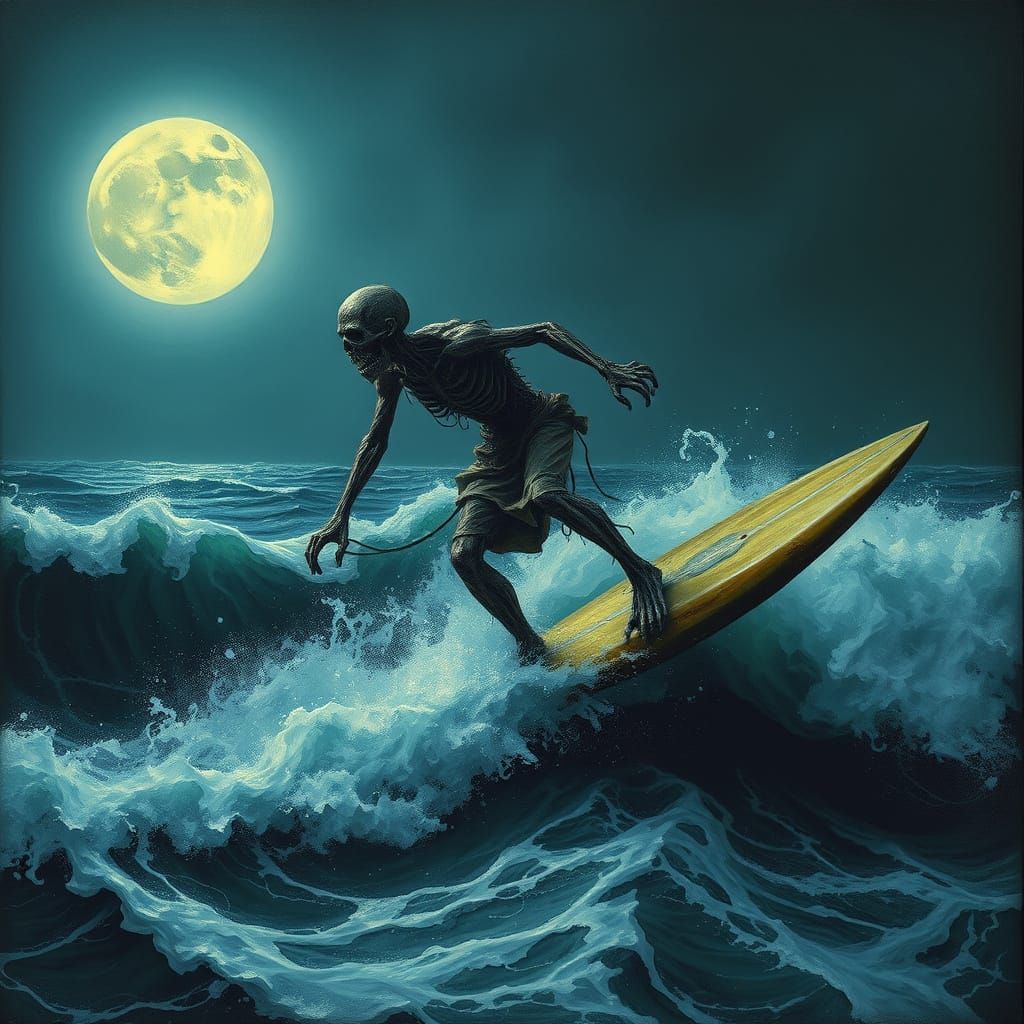 Surreal Zombie Surfer Rides Turbulent Moonlit Waves
