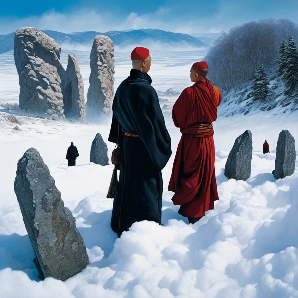 Ethereal Buddhist Monks in Enchanted Monoliths