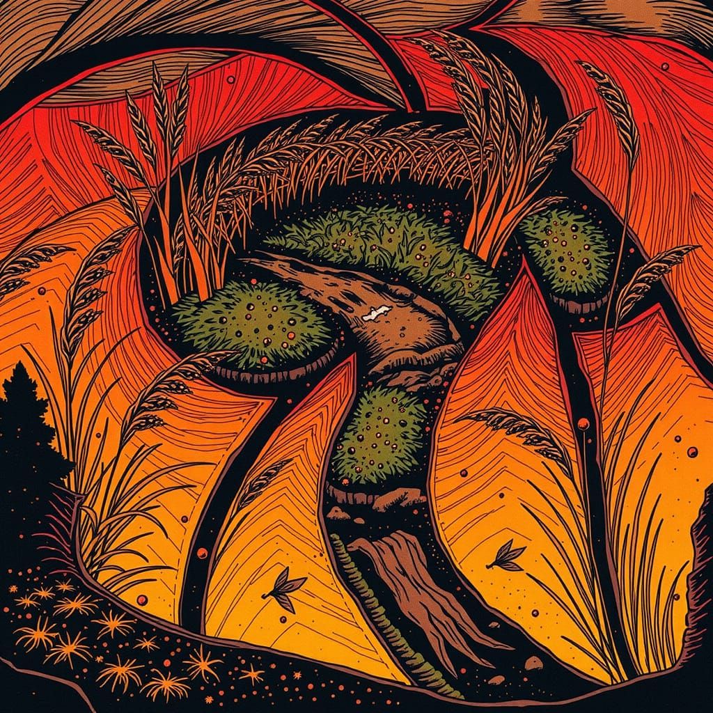 Stormy Sky Over Mossy Field and Golden Marsh Grasses