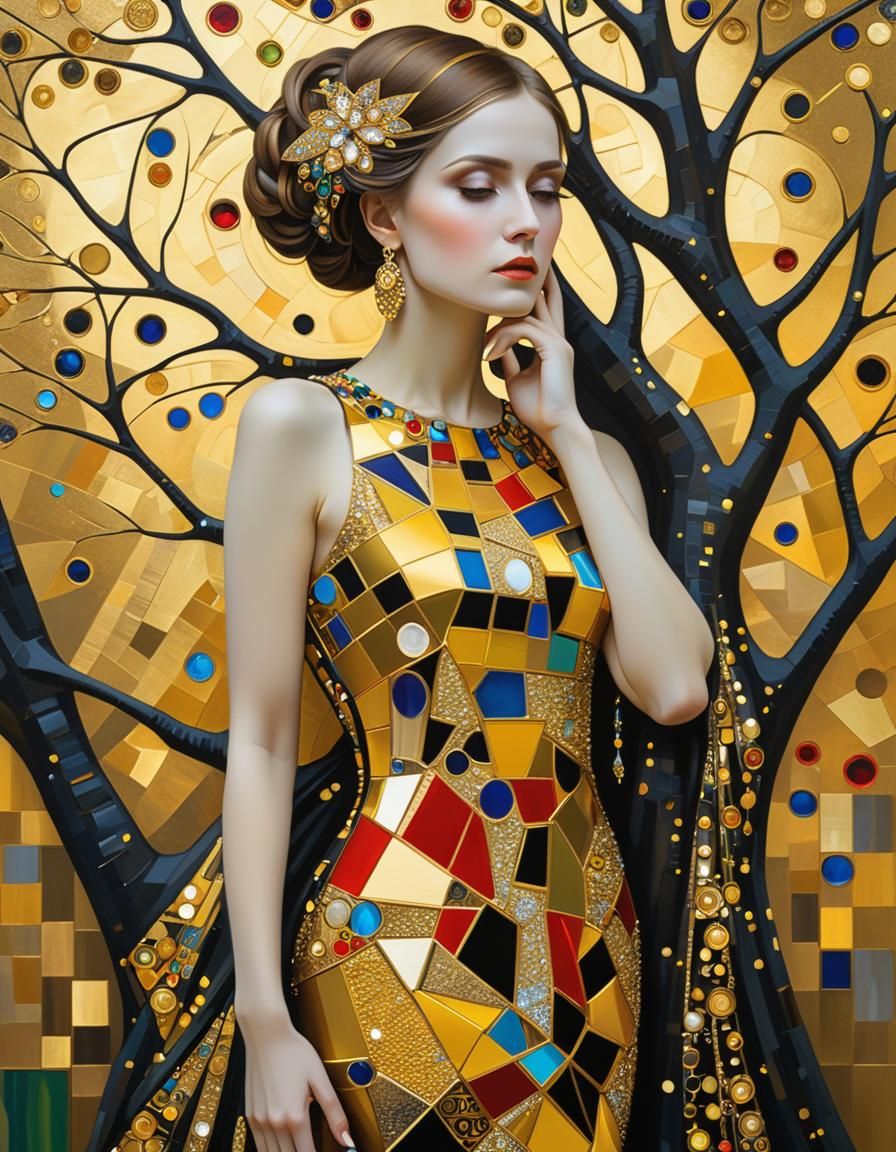 Lady in Geometric Dress Leaning on Jeweled Tree