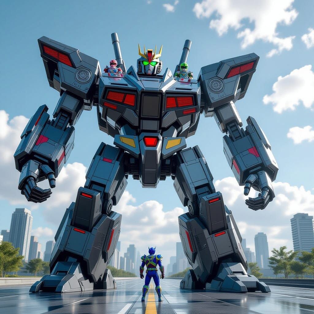 Megazord Battles Giant Monster with Rangers in Cockpit