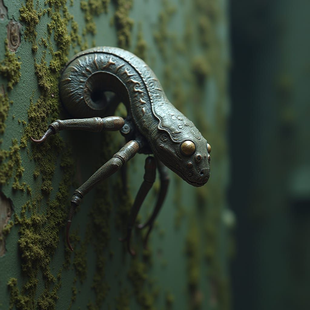 Eerie Snake-Spider Hybrid Crawling on Mossy Wall