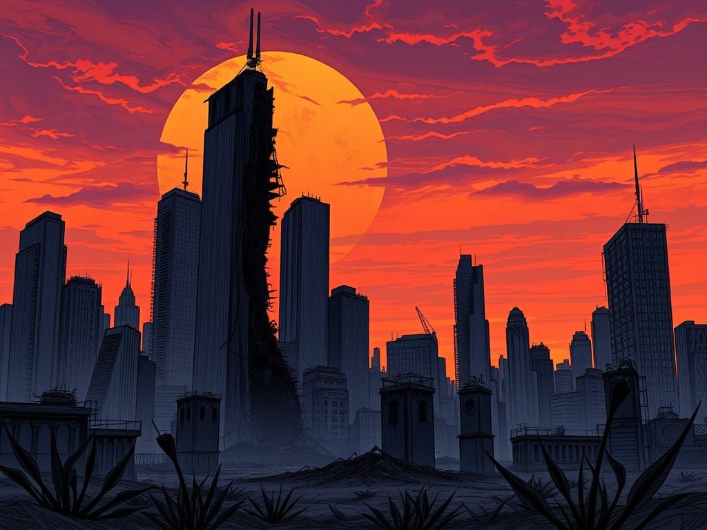 Apocalyptic Cityscape at Dusk: Hand Drawn Digital Art