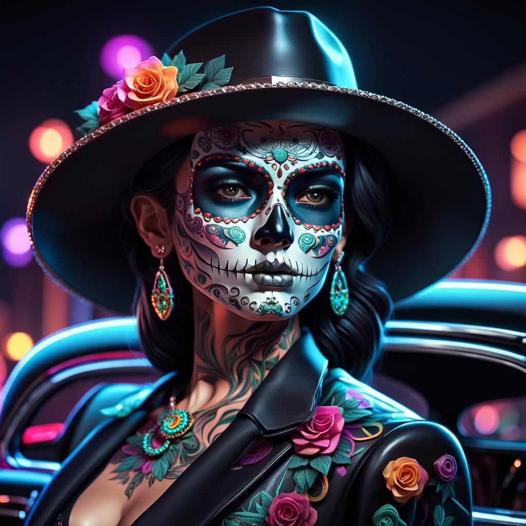 Sugar Skull Goddess in Nighttime Lowrider Oasis