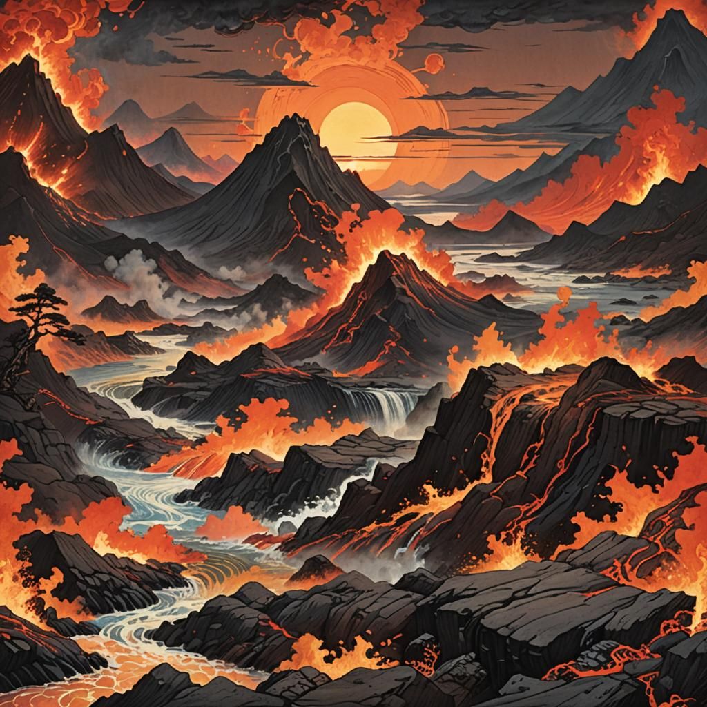Vibrant Lava Flow at Sunset in Epic Artistic Style