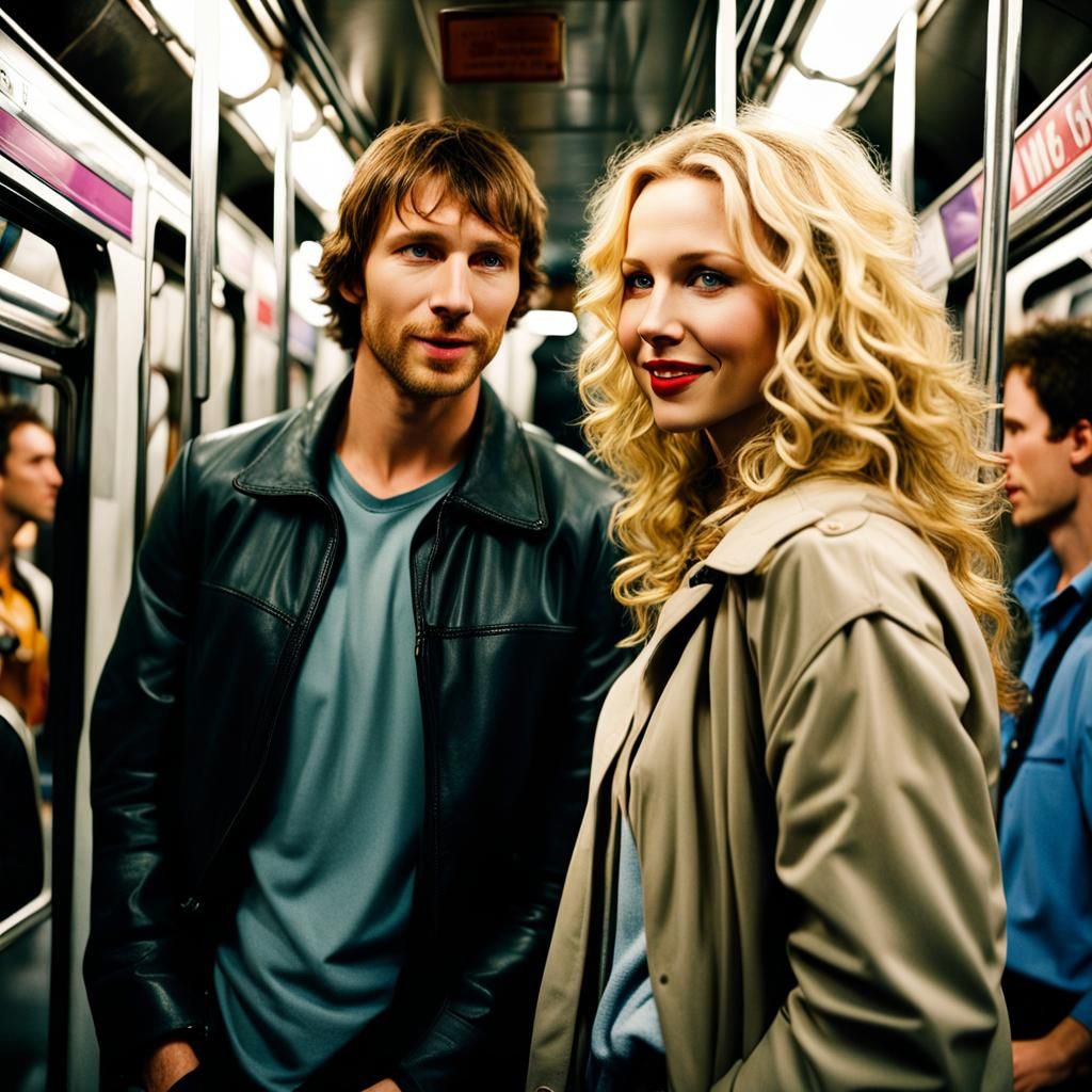 Blonde Woman Smiles at Man on Subway