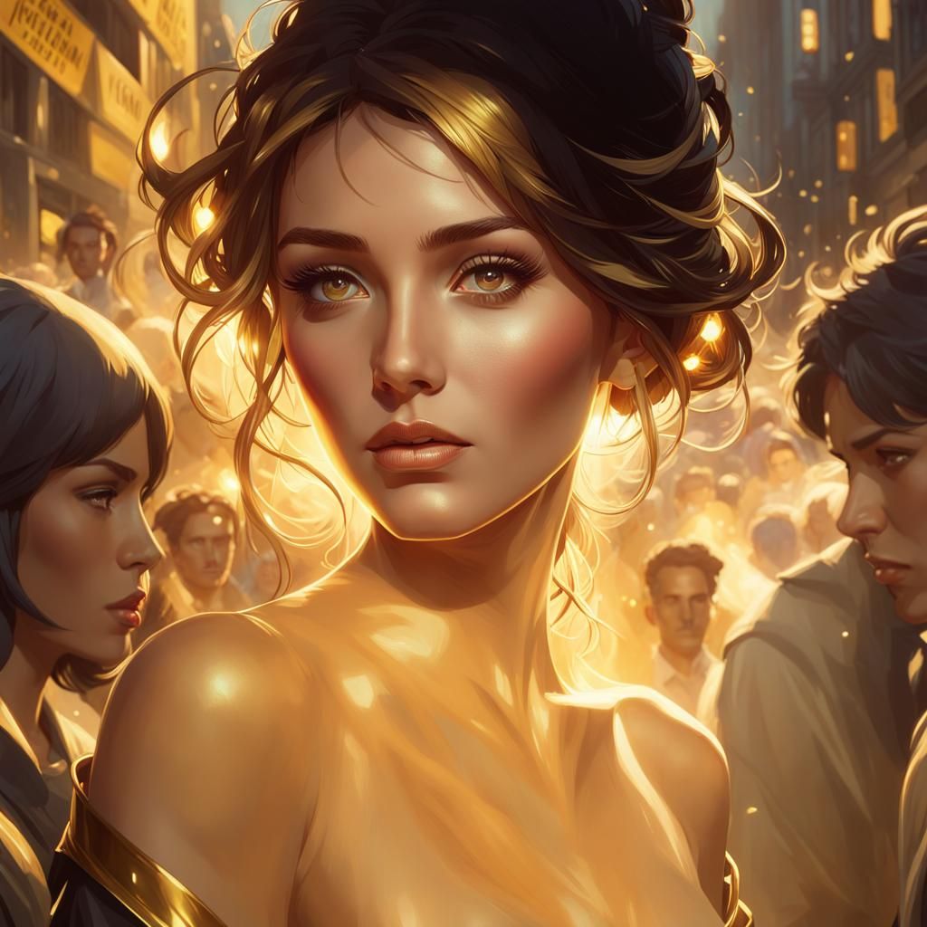 Golden Woman in Crowded Street: Digital Art Portrait