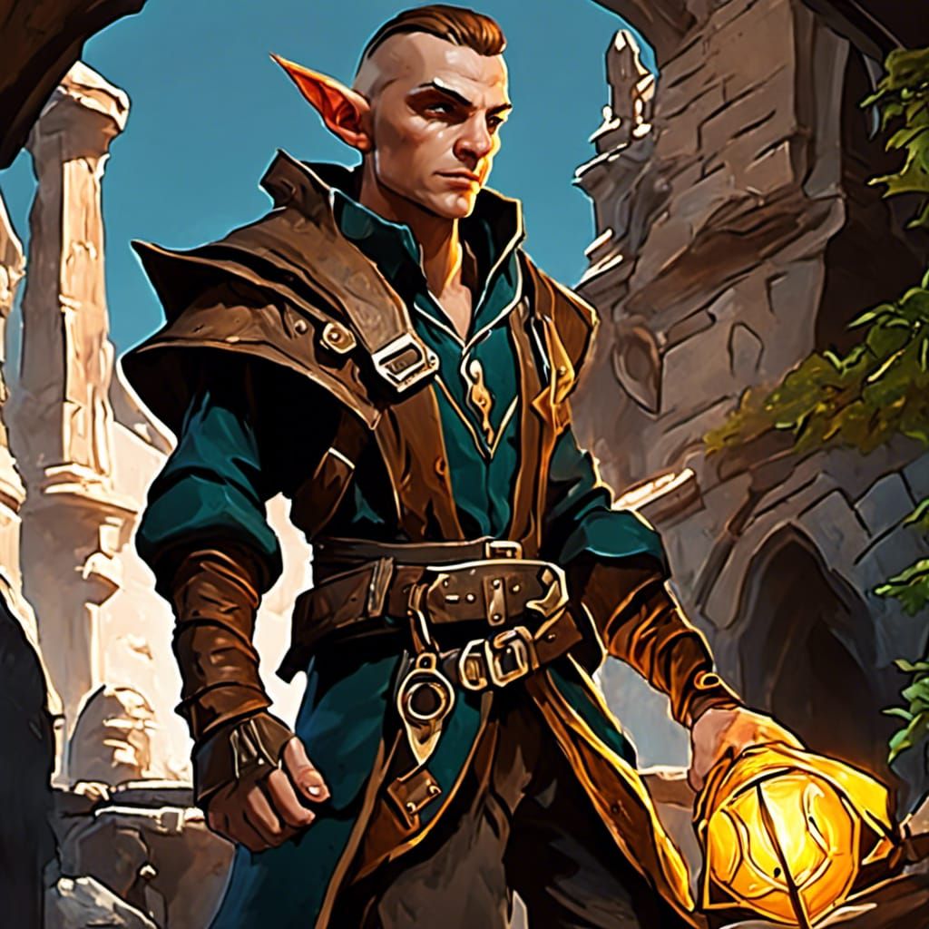 Dark Fantasy Half Elf Artificer in Intricately Detailed Scen...
