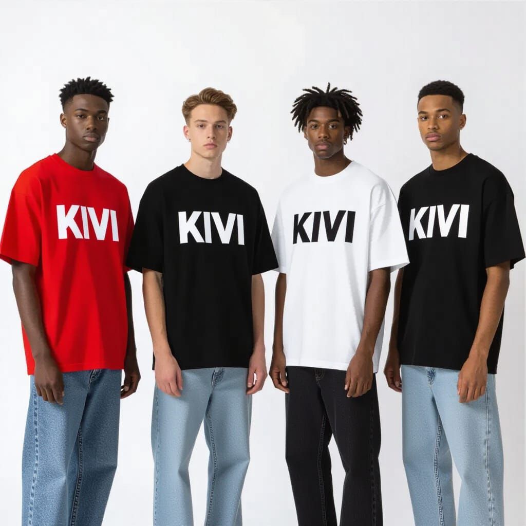 Diverse Men Showcase KIVI Streetwear in Minimalist Studio