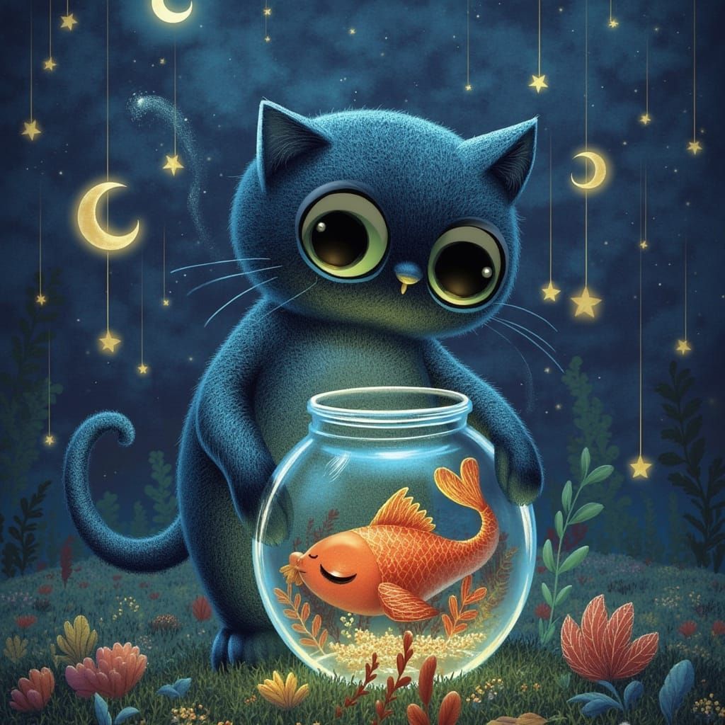 Cute Robot Holding a Fishbowl