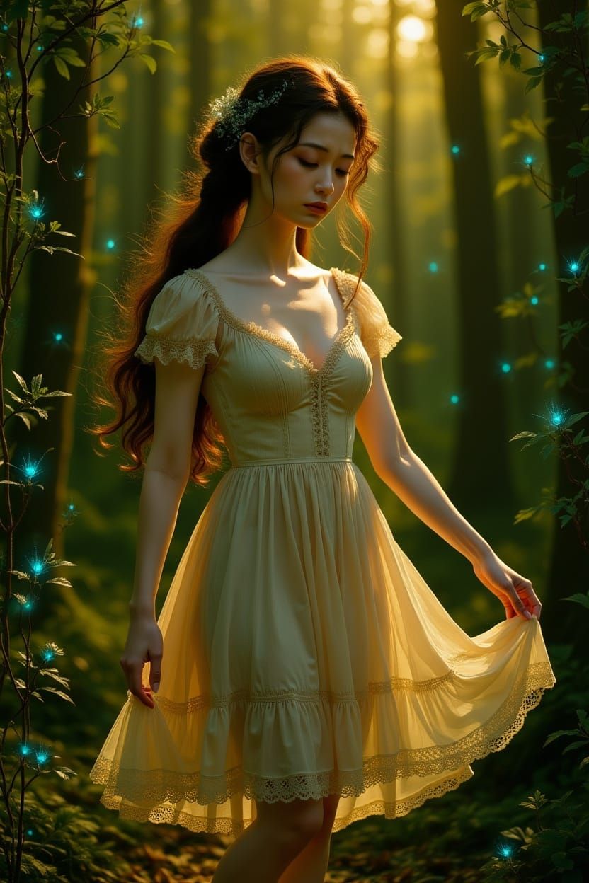 Ethereal Woman in Enchanted Forest, Fantasy Art