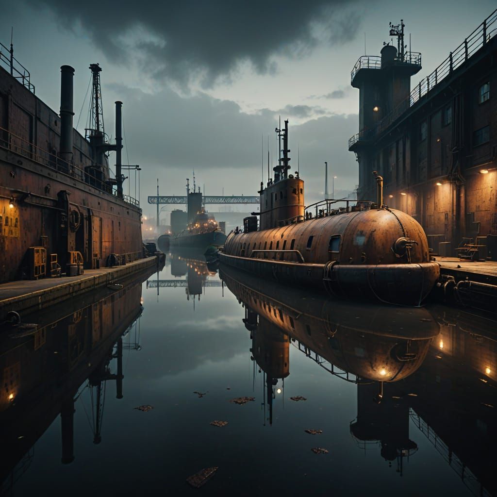 Rusty Submarine in London Dock: Industrial Concept Art