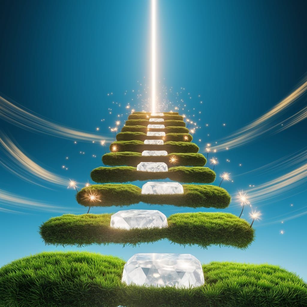 Surreal Landscape with Glowing Moss Pathway and Crystal Ston...