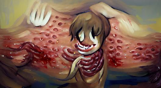 Surreal Horror Figure with Gaping Abdominal Wound