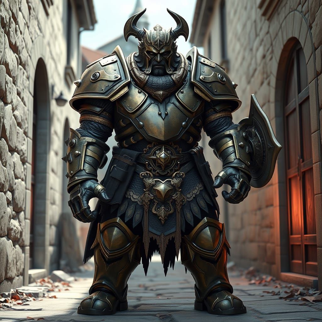 Bronze Warforged Warrior in Medieval Alley, Anime Art