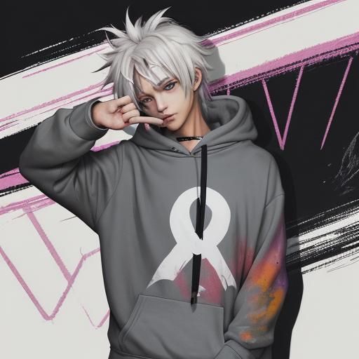 Energetic Anime Boy Poses on Peace Sign