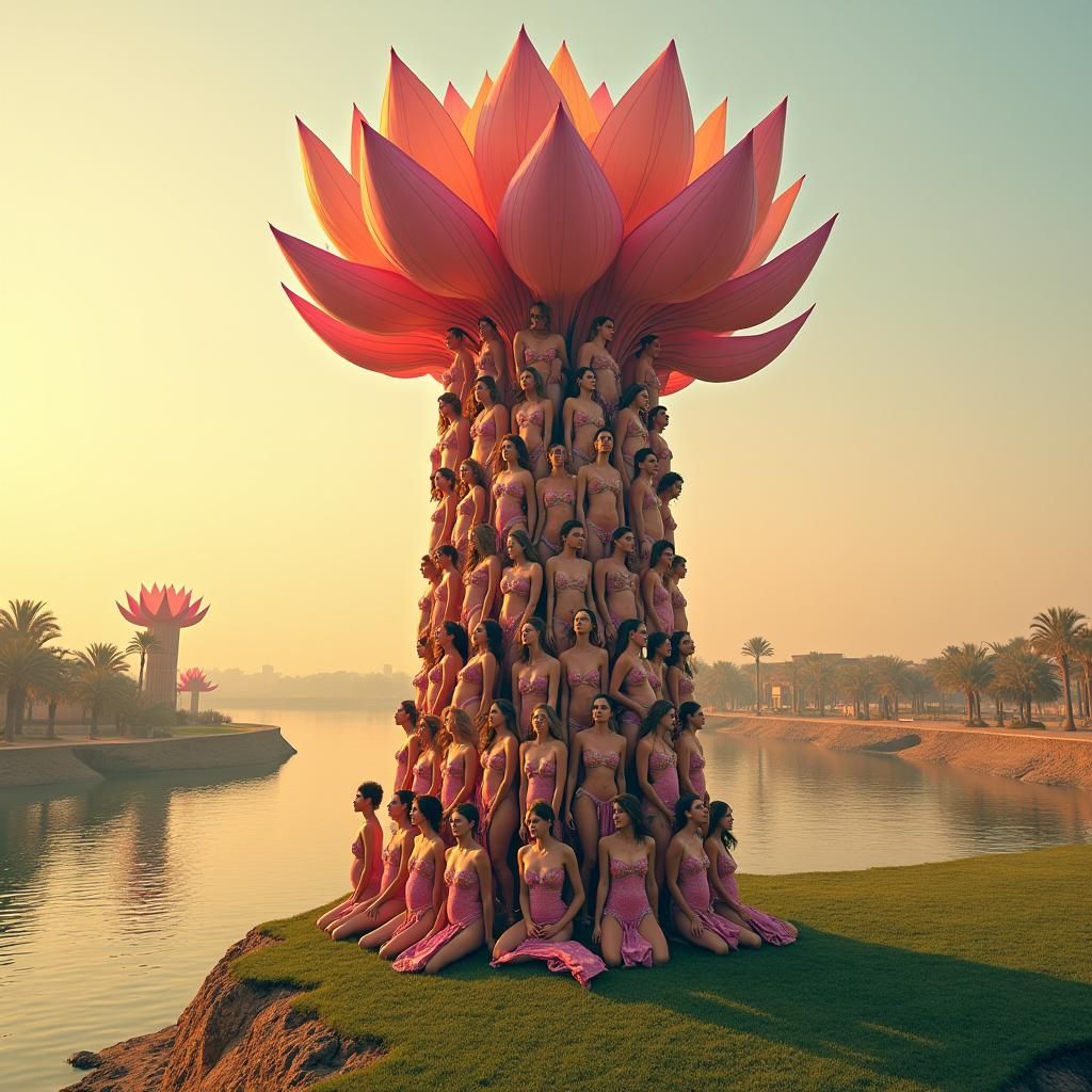 Vibrant Hyperrealistic Flower Tower on the Nile