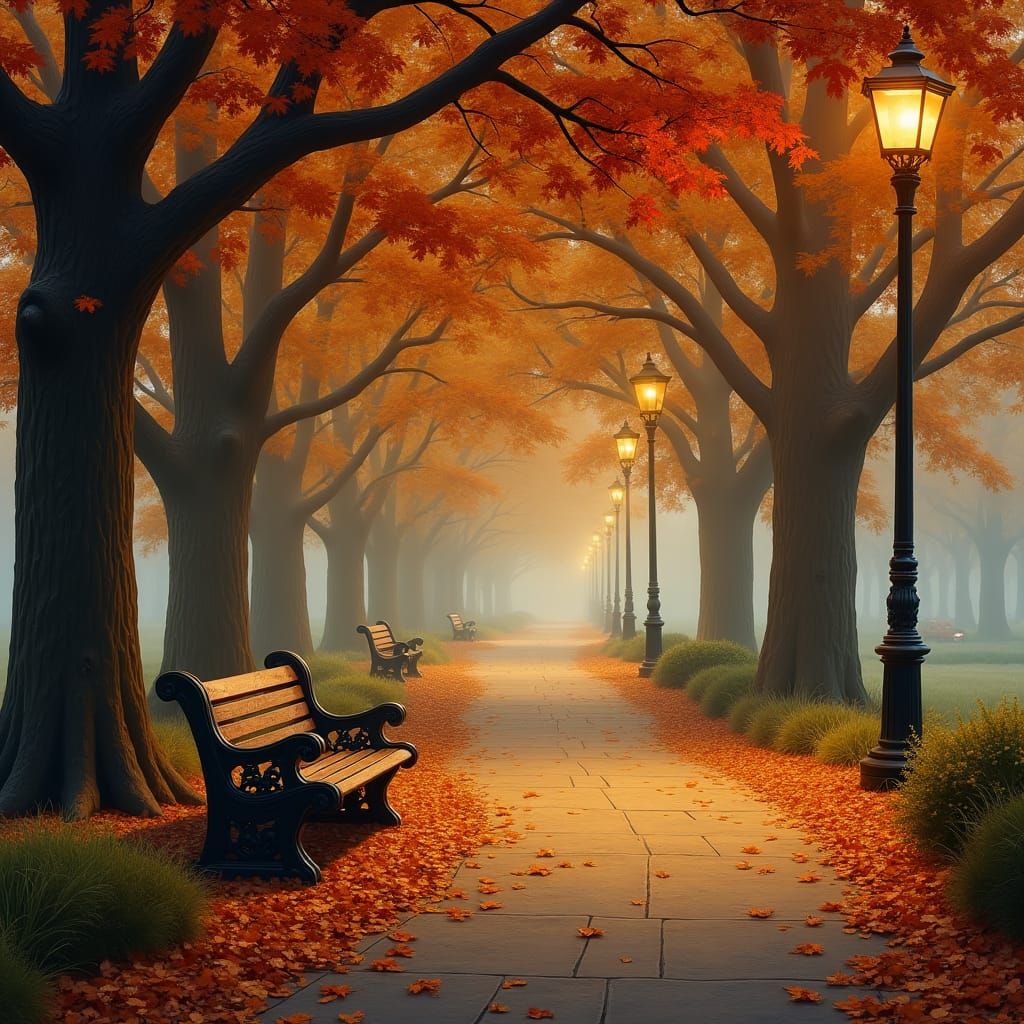 Park Pathway Under Vintage Street Lamps in Autumn