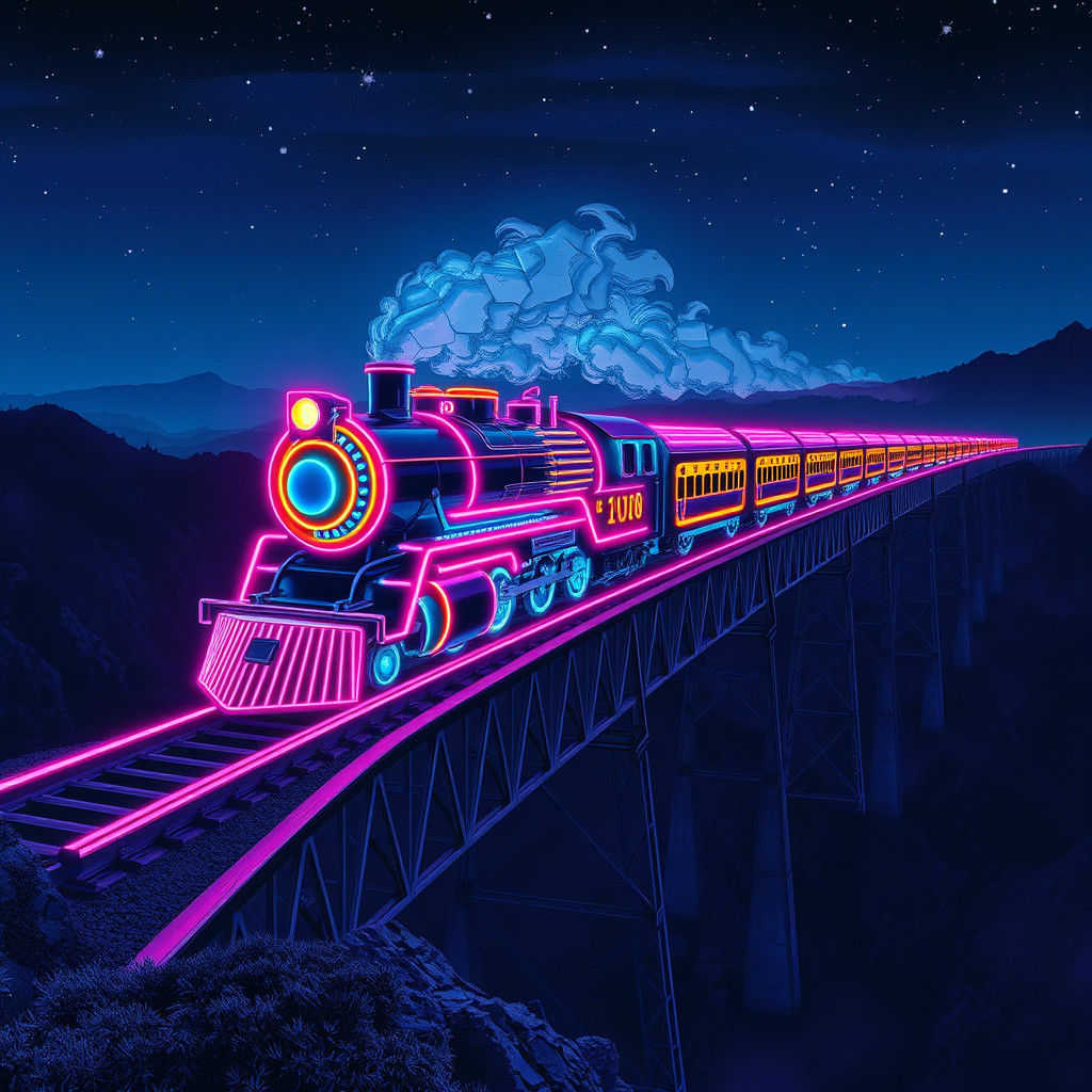 Majestic Steam Train in Futuristic Neon Latticework