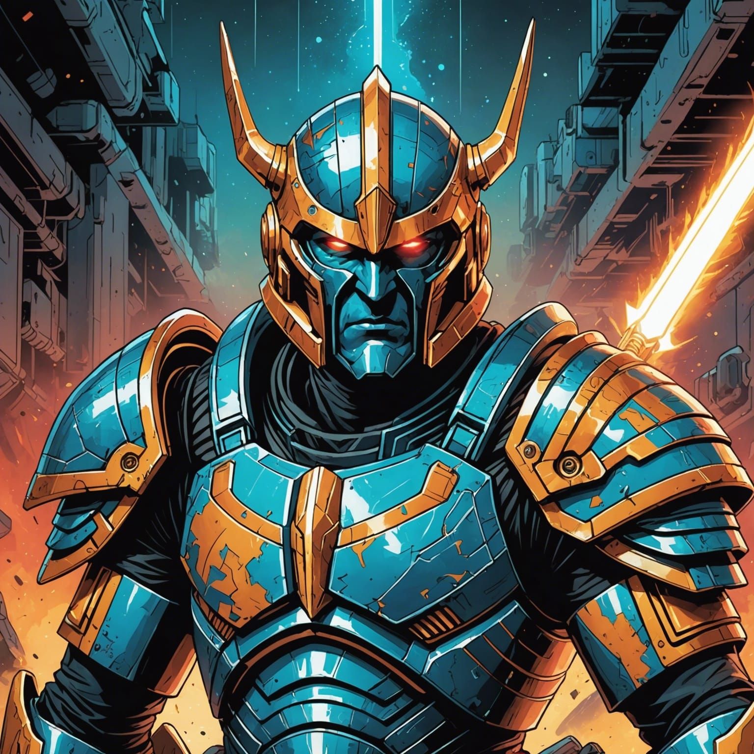 Brutal Futuristic Warrior in Cosmic Battle