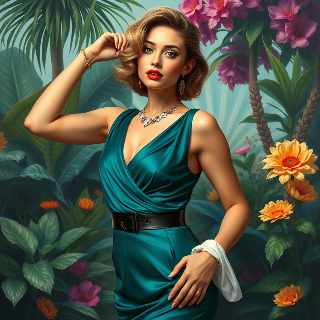 Elegant Transgender Woman in Lush Garden, Blended Art Styles