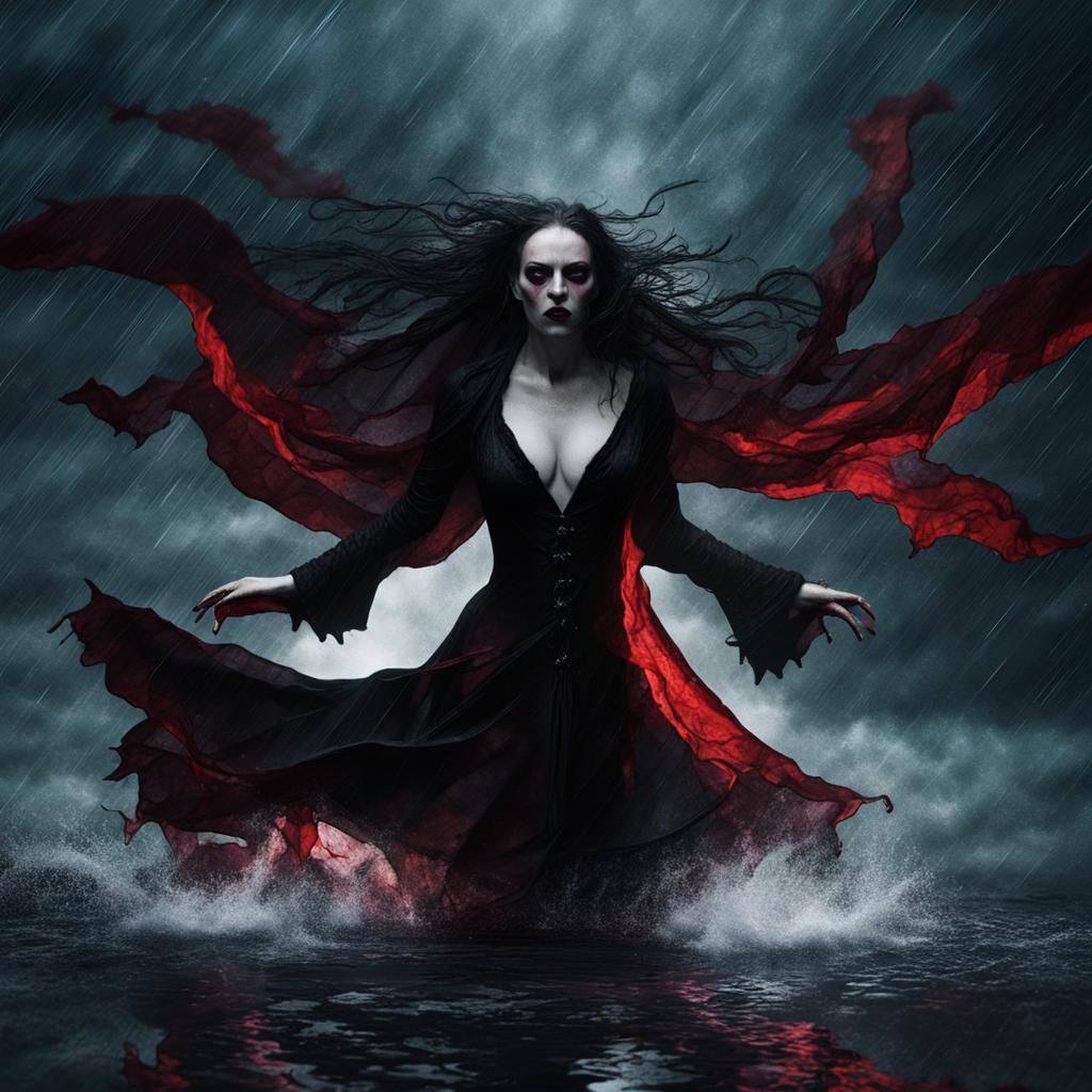 Mysterious Witch Emerges from Crimson Depths in Dark Fantasy...