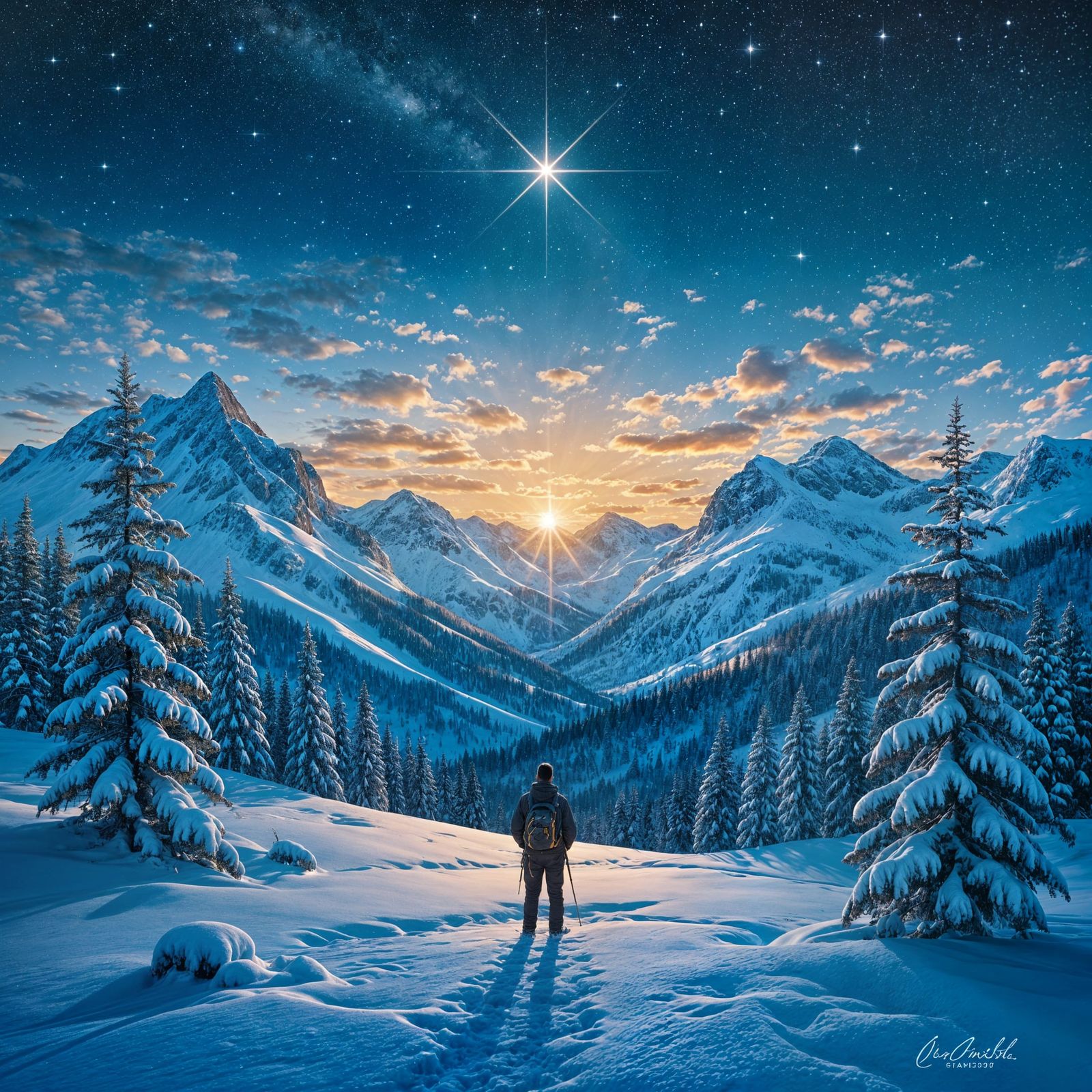 Snowy Forest Under Starry Sky with Setting Sun