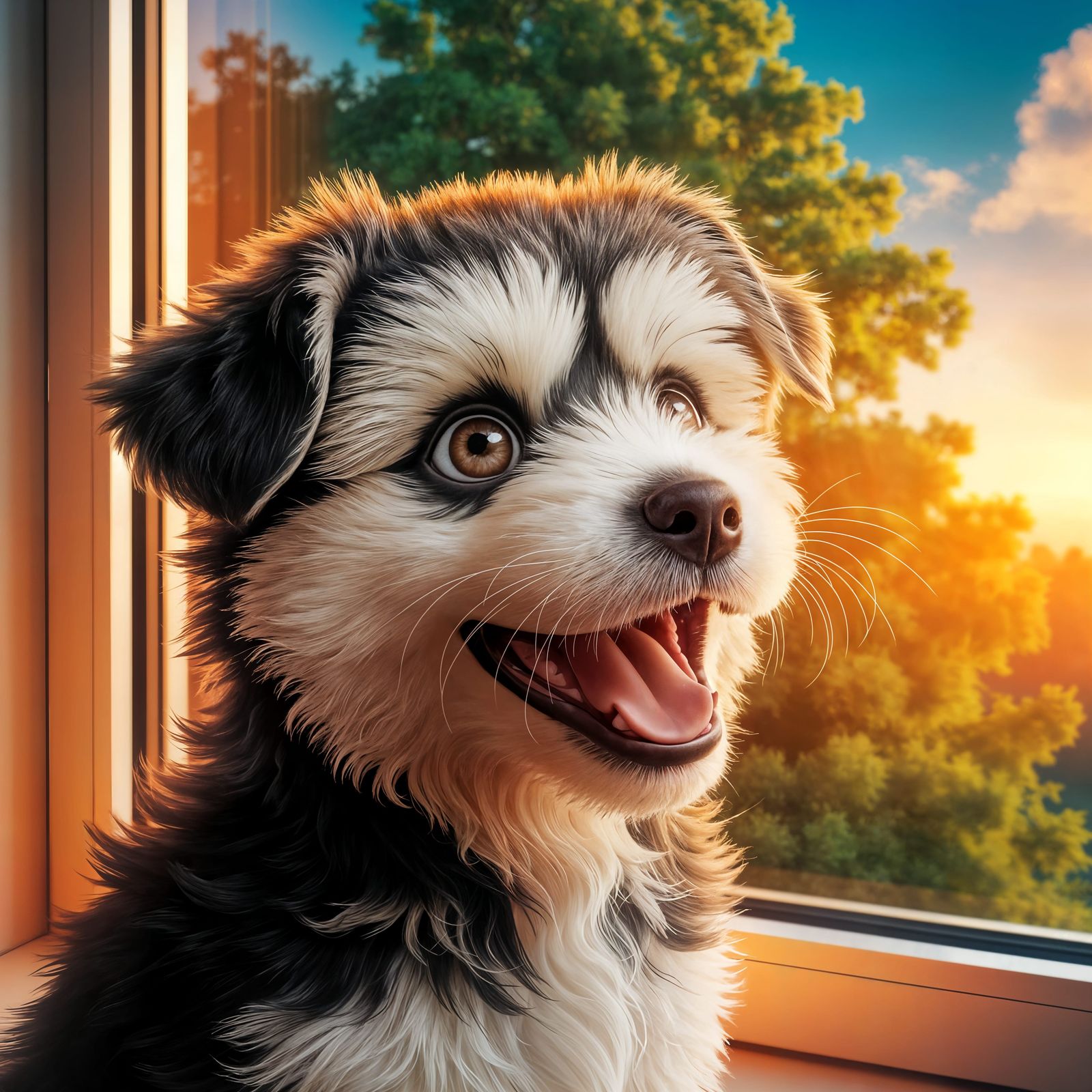 Joyful Puppy Gazing Out at Sunny Landscape