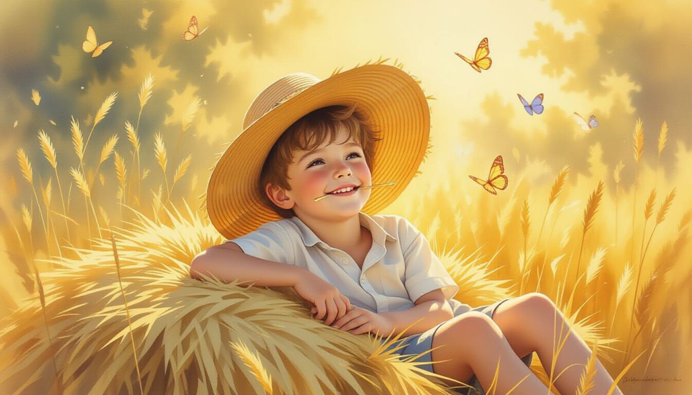 Boy Resting on Haystack in Golden Summer Light