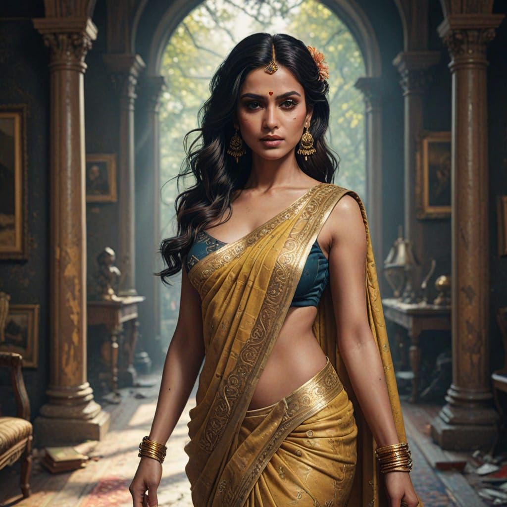 Elegant Indian Woman in Gold-Embroidered Saree