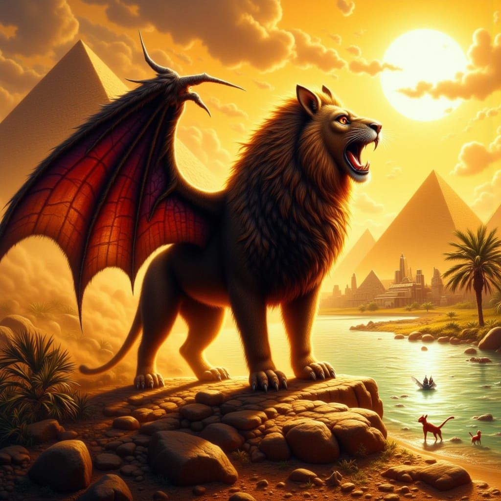 Manticore Hybrid in Ancient Egypt Golden Hour